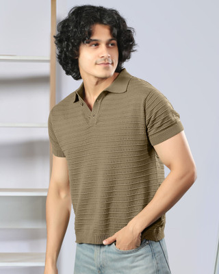 SaintArebian Self Design Men Polo Neck Brown T-Shirt