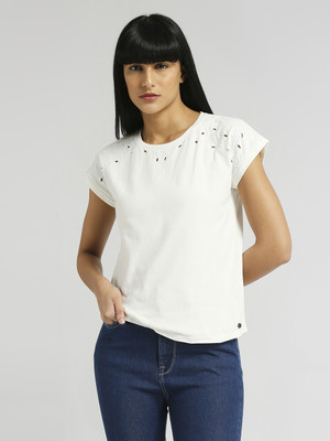 Pepe Jeans Embroidered Women Crew Neck White T-Shirt
