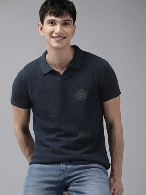 THE BEAR HOUSE Self Design Men Polo Neck Blue T-Shirt