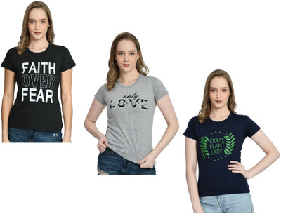 IndiWeaves Printed Women Round Neck Silver, Grey, Navy Blue T-Shirt