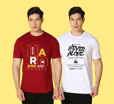 WOOSTRO Printed Men Round Neck Maroon, White T-Shirt
