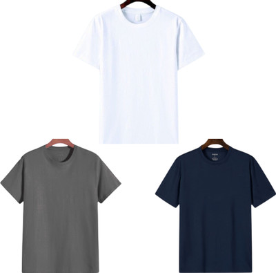 TTFE Solid Men Round Neck White, Grey, Navy Blue T-Shirt