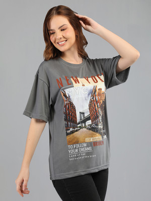 ETC Printed Women Round Neck Grey T-Shirt