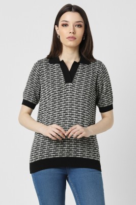 VAN HEUSEN Printed Women Polo Neck Grey T-Shirt