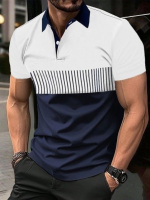 Try This Striped Men Polo Neck Blue, White T-Shirt