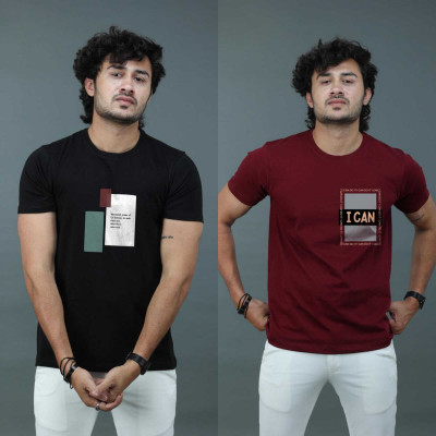 MAYUR CLOTHING Graphic Print Men Round Neck Black, Maroon T-Shirt