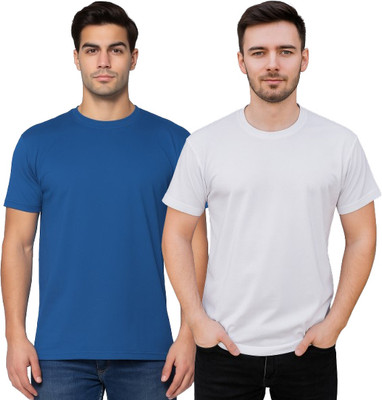 KEOTI Solid Men Round Neck White, Blue T-Shirt