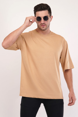 Threadiva Solid Men Round Neck Beige T-Shirt