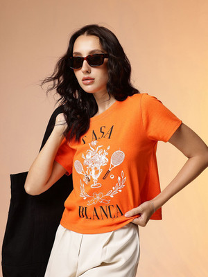 CORSICA Printed Women Round Neck Orange T-Shirt