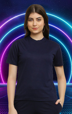 elegance redefined Solid Women Round Neck Dark Blue T-Shirt