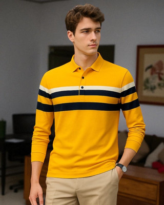 Autna Striped Men Polo Neck Yellow T-Shirt