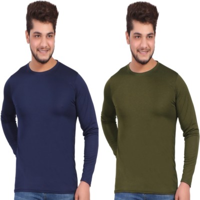 KASPY Solid Men Round Neck Navy Blue, Dark Green T-Shirt