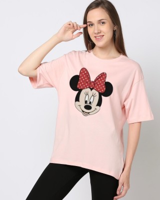 hesha Cartoon Women Round Neck Pink T-Shirt