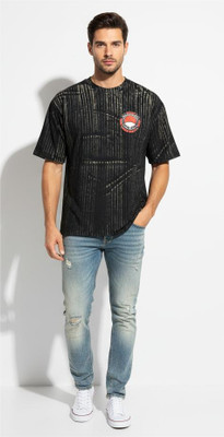 shhop Graphic Print, Washed Men Round Neck Black T-Shirt