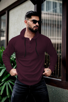 HOODLER Solid Men Hooded Neck Maroon T-Shirt