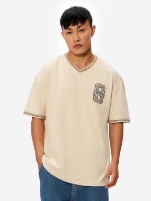 The Souled Store Self Design Men Round Neck Beige T-Shirt