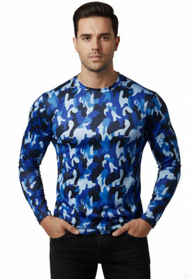 O-MART Military Camouflage, Printed, Solid Men Round Neck Blue, Dark Blue T-Shirt