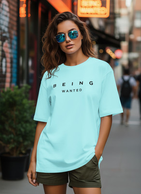 BEING WANTED Printed Women Round Neck Light Blue T-Shirt