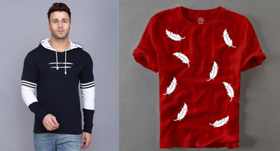 UpStyle Striped, Printed Men Hooded Neck White, Black, Red T-Shirt