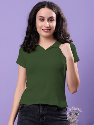 KEX Solid Women Polo Neck Green T-Shirt