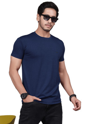 Fashion drape Self Design Men Round Neck Navy Blue T-Shirt