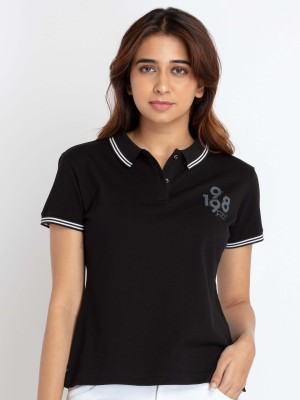 Status Quo Solid Women Polo Neck Black T-Shirt