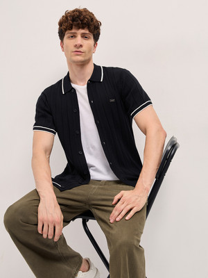 THE BEAR HOUSE Striped Men Polo Neck Black T-Shirt