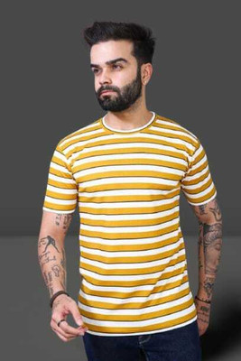 radheycreation Striped Men Round Neck Yellow, White T-Shirt