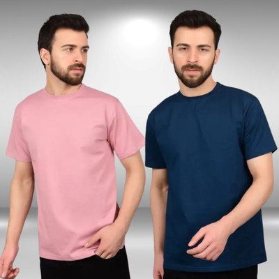 MEGAKART Solid Men Round Neck Blue, Pink T-Shirt