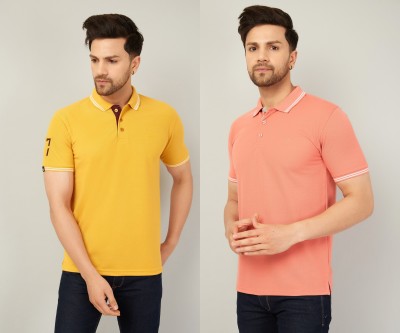 We Perfect Solid Men Polo Neck Yellow, Pink T-Shirt
