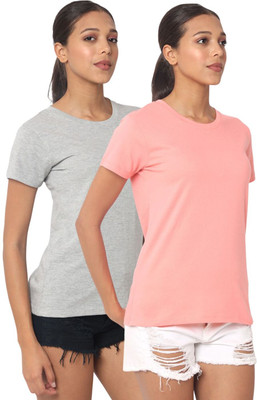 Figurefab Self Design Women Round Neck Grey, Pink T-Shirt