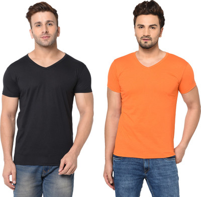 Moordale Fab Solid Men V Neck Black, Orange T-Shirt