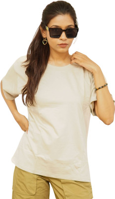 YURA Solid Women Crew Neck Beige T-Shirt
