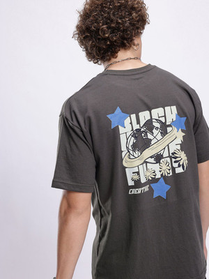 Glitchez Printed Men Round Neck Grey T-Shirt