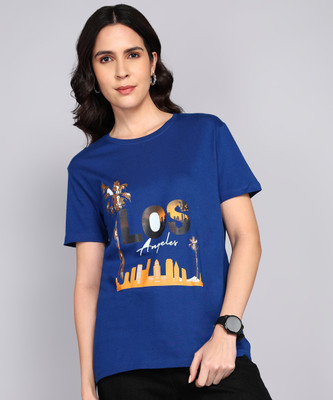 Thumb Print Printed Women Round Neck Blue T-Shirt