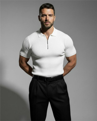 MAFURD Self Design Men Polo Neck White T-Shirt