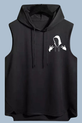 KUGDIT Solid Men Hooded Neck Black T-Shirt