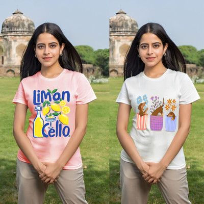 Parona Printed Women Round Neck Pink, White T-Shirt