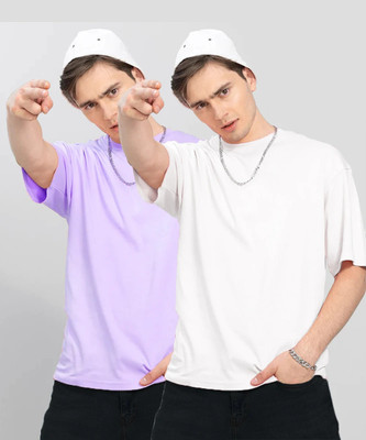 HOC Solid Men Round Neck Purple, White T-Shirt