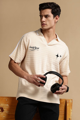 Eszett Self Design Men Polo Neck Beige T-Shirt