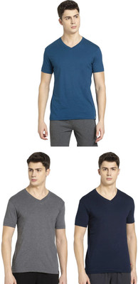 JOCKEY Solid Men V Neck Grey, Dark Blue, Blue T-Shirt