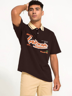 Jump Cuts Printed Men Polo Neck Brown T-Shirt