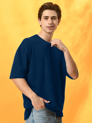 Fitinc Solid Men Round Neck Dark Blue T-Shirt