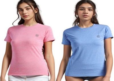 ND Solid Women Round Neck Pink, Light Blue T-Shirt