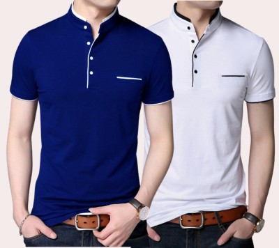 GlobyCraft Solid Men Mandarin Collar White, Blue T-Shirt