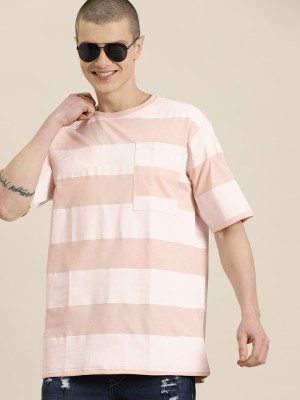 HERE&NOW Striped Men Round Neck Pink T-Shirt