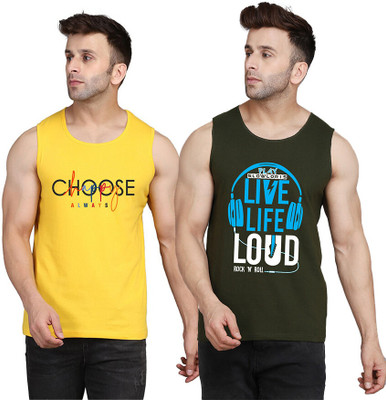 SLOWLORIS Printed Men Scoop Neck Dark Green, Yellow T-Shirt