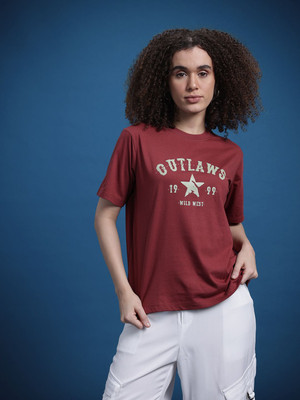 Roadster Printed Women Round Neck Maroon T-Shirt