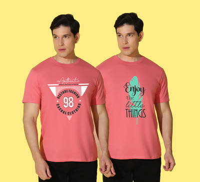 WOOSTRO Printed Men Round Neck Pink T-Shirt