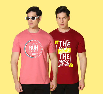 WOOSTRO Printed Men Round Neck Pink, Maroon T-Shirt